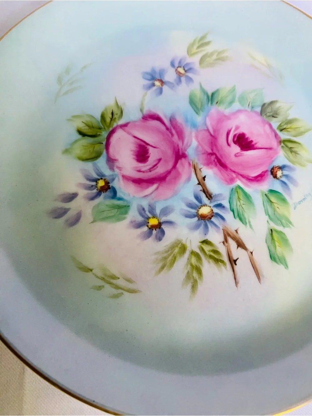 Antique Hand-Painted Porcelain cabinet plate Floral with Gold Trim Signed